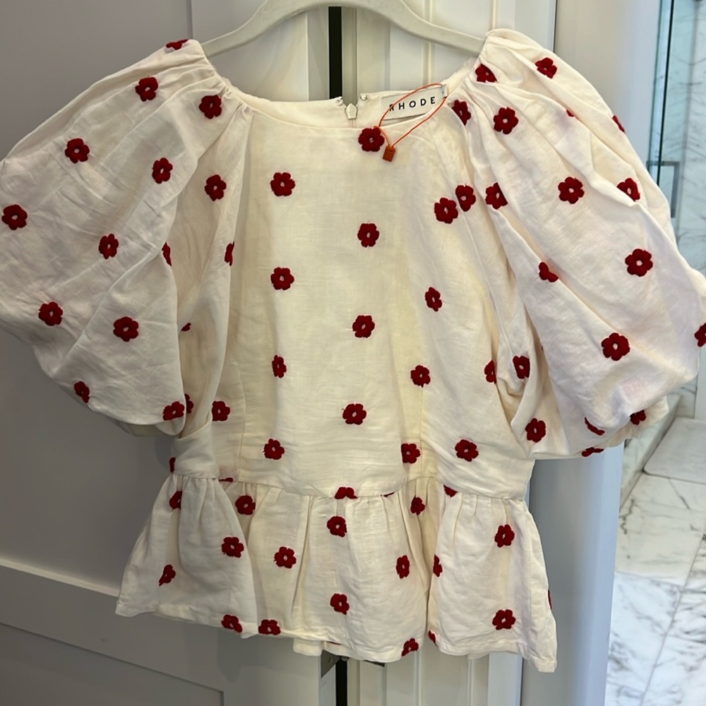 Rhode Women's Cream Top with Red Embroidered Floral Pattern Size 4